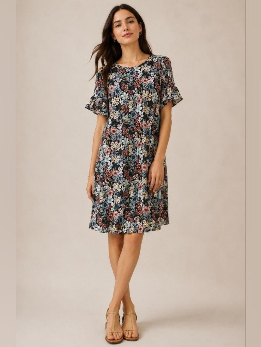 LOFT Floral Shift Dress Women's Small Black Pink Blue Flutter Sleeve